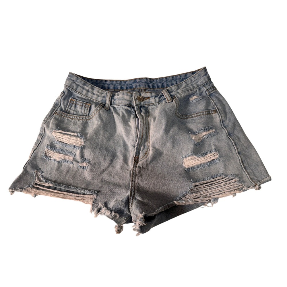 Distressed Denim Festival Shorts Ripped Raw Hem Light Wash Casual Women's Large